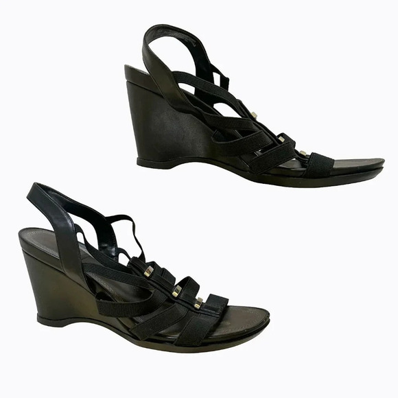 Impo Viera Stretch Black Wedge Strappy Sandals 8.5 M Silver Embellished Open Toe - Picture 4 of 10